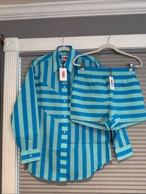 NWT SOLID&STRIPED Turquoise & Aqua Striped Beach  Set - Shirt & Shorts
